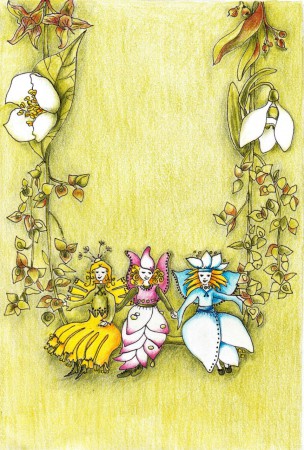 Borítóterv a tündérlányokkal (színes ceruza, filctoll)